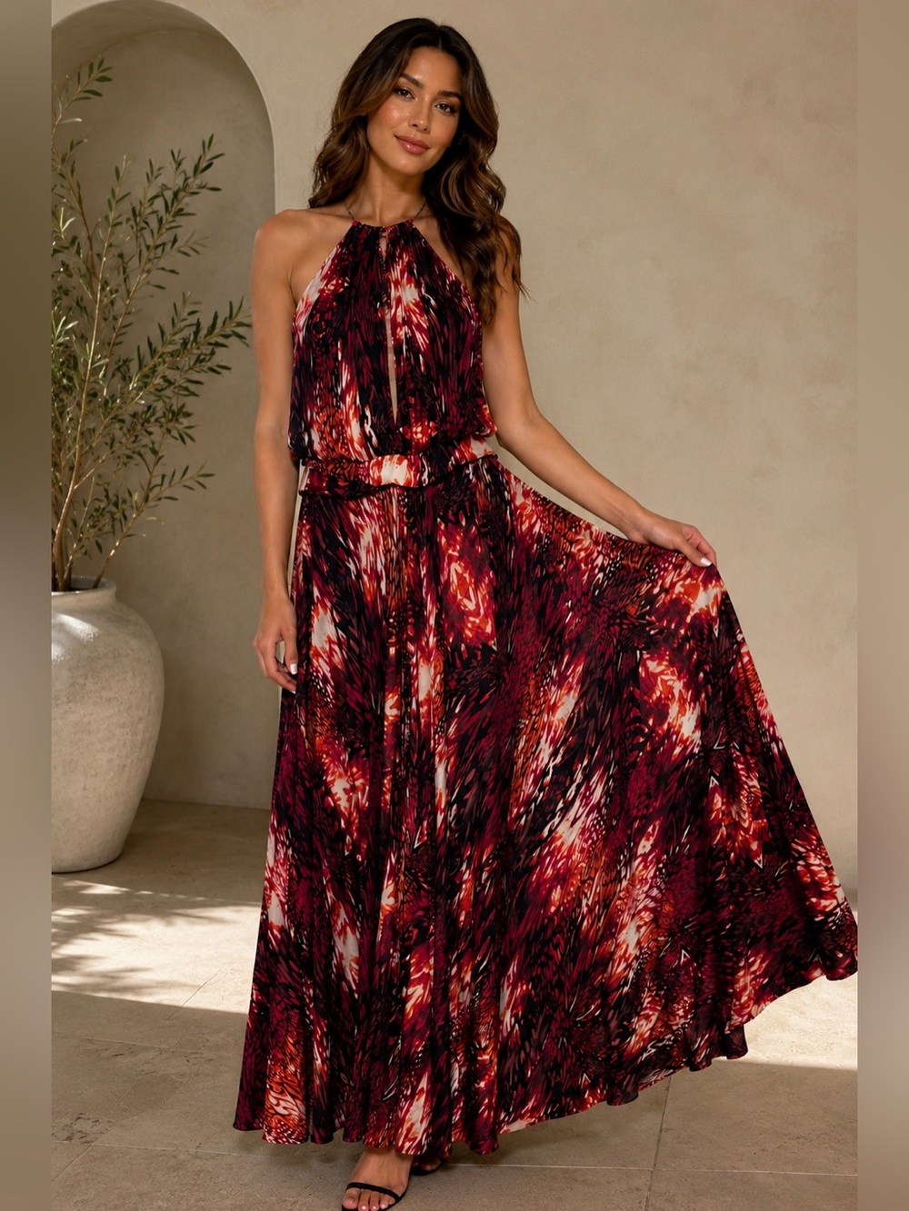 bebe Red and Black Abstract Halter Maxi Dress